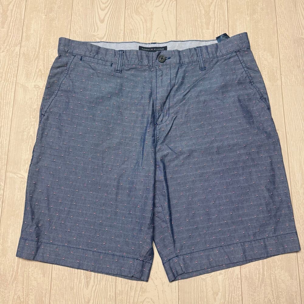 Tommy Hilfiger Men’s Blue Chino Shorts All Over Logo Pattern Flat Front size 36